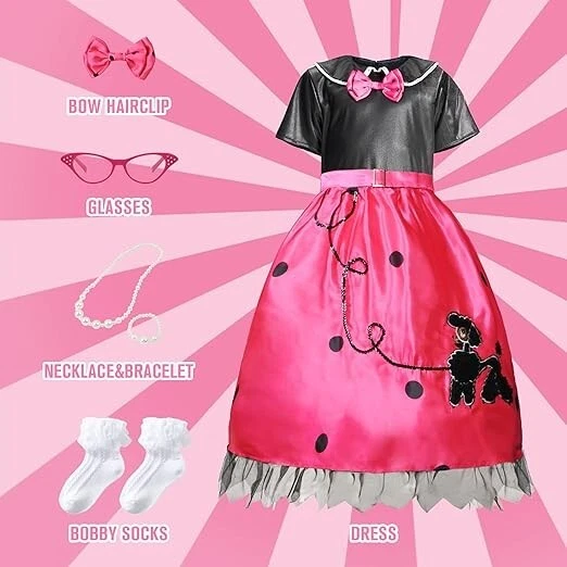 IKALI Niños Niñas Años 50 Calcetín Hop Disfraz, Vestido Elegante Caniche Falda Conjunto 7-8 Años Foto 3 de 4