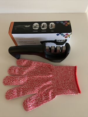 KNIFE SHARPENER Knives Blade Sharpening Tool 3 Stage Handheld & Cutting Glove XL