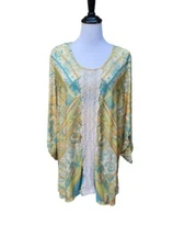 Multiples Multicolor Geo-Paisley Print Blouse XL Lightweight Crochet Lace Trim