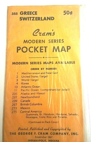 NOS Sealed Vtg 1950's Cram's Modern Series Pocket Map Greece Switzerland No 355