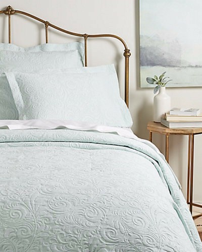 Sferra Hannah Aqua Euro Shams Pair Blue Scrolling Leaves Cotton Matelasse NEW - Picture 2 of 7