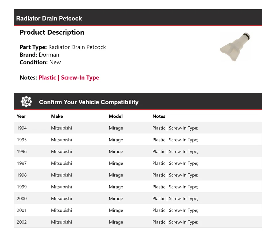 Para Mitsubishi Mirage Dorman 1994-2002 Radiador Drenaje Petcock 1995 1996 1997 Foto 2 de 4