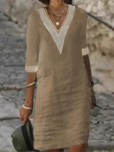 Mujeres Vestido Solero Cuello en V Algodón Lino Midi Damas Verano Informal Manga Corta - Imagen 11 de 29