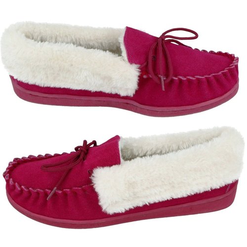Ladies Womens Cushion Walk Real Suede Faux Fur Lined Warm Moccasin Full Slippers - Picture 19 of 22