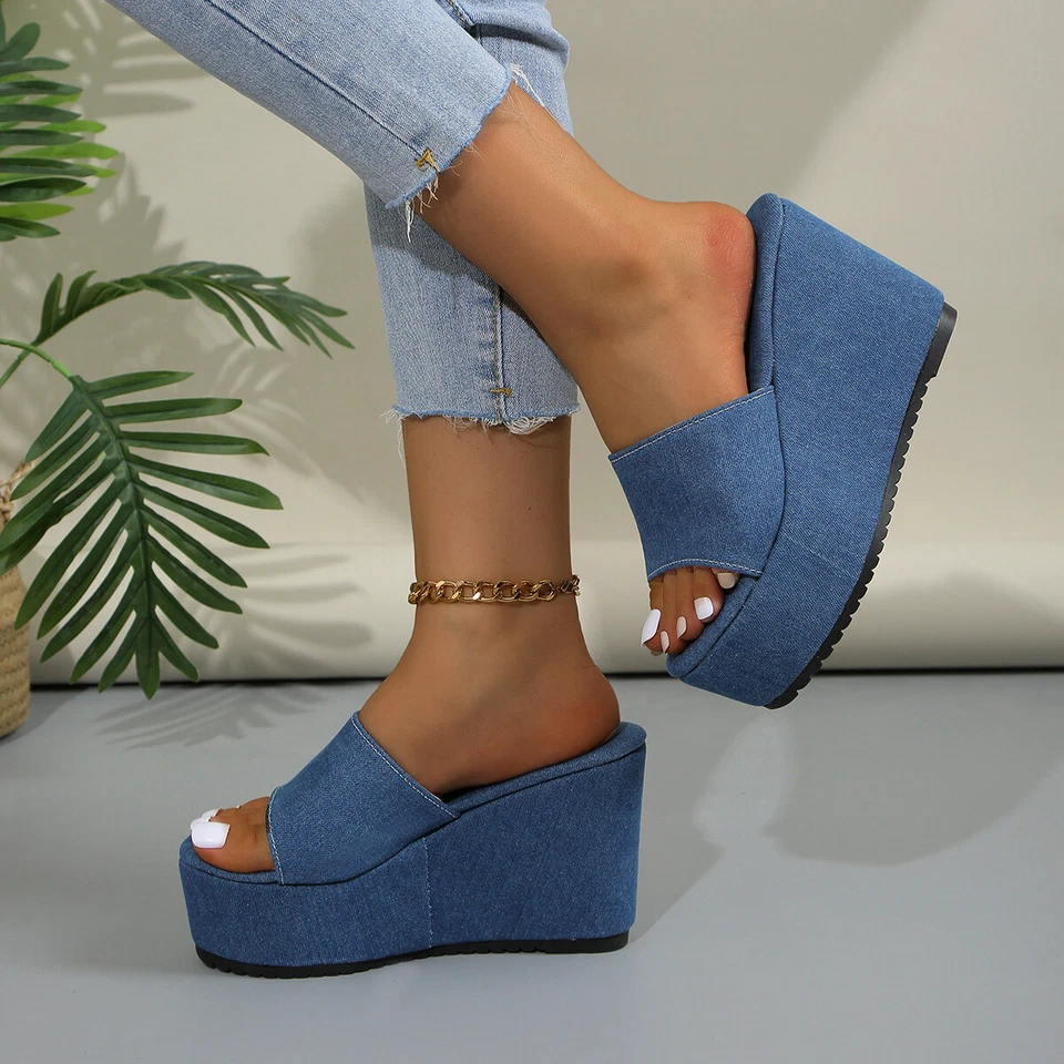 Mujeres Sandalias Verano Cómodas Plataforma Zapatillas Tacones Altos Cuña Denim Zapatos Beac Foto 3 de 4