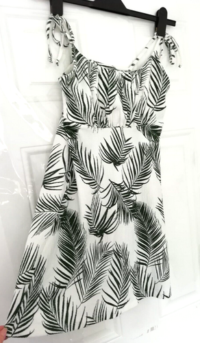 Topshop 12 White Green Palm Leaf Crinkle Stretch Strappy Dress Cover Up Textured - Picture 2 of 9