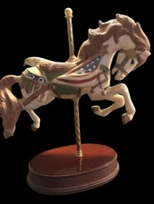 VTG Carousel Horse Patriotic Musical Porcelain Figurine USA Flag Eagle Free Ship