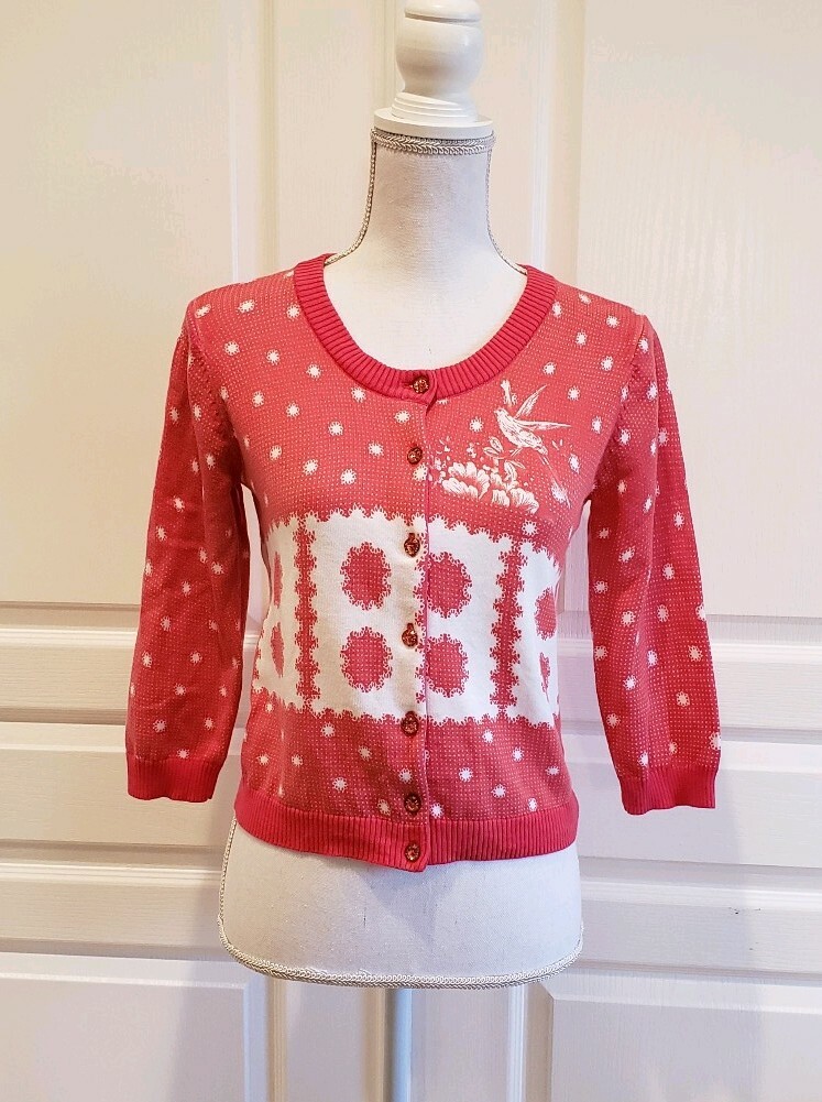 Anthropologie Knitted Dove Sweater Cardigan Pink Turtle Dove Teacup Sweet  Small