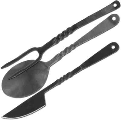 Medieval Hand Forged Carbon Steel Cutlery Set - 4-Piece Feast Kit With Sheath - Camping & Reenactment