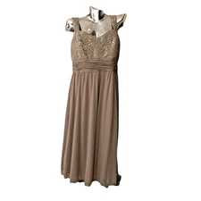 R&M Richards Baby Doll Sequin Midi Dress Sz 12 Beige Chiffon Party Fairy Whimsy