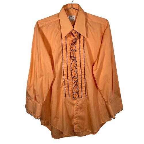 Mens Vintage 70s Ruffled Tuxedo Shirt Peach Orange Black Trim 16.5 x 32