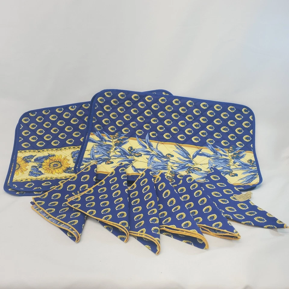 4er Set Französische Provence Olive & Sonnenblumen Gesteppte Tischsets & 6er Set Servietten 