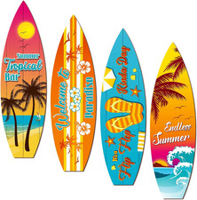 4 Pcs Surfboard Wall Decor Wooden Beach Hanging Sign for Tropical Theme Party