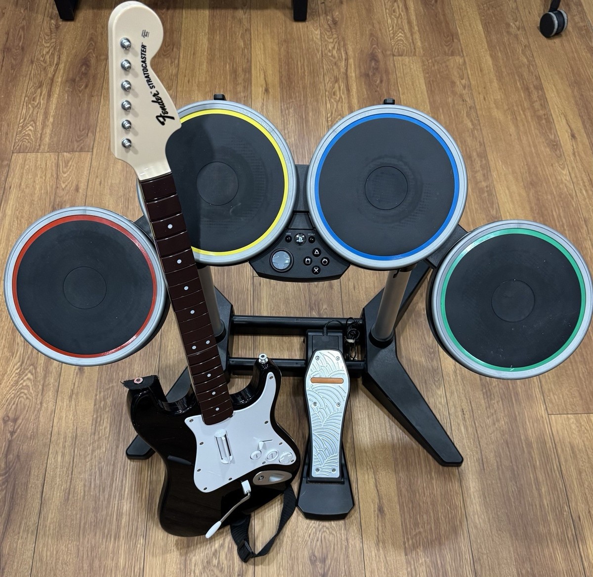 Rock Band 4 PS4 Drum Set + Fender Strat Guitar Bundle TESTED 