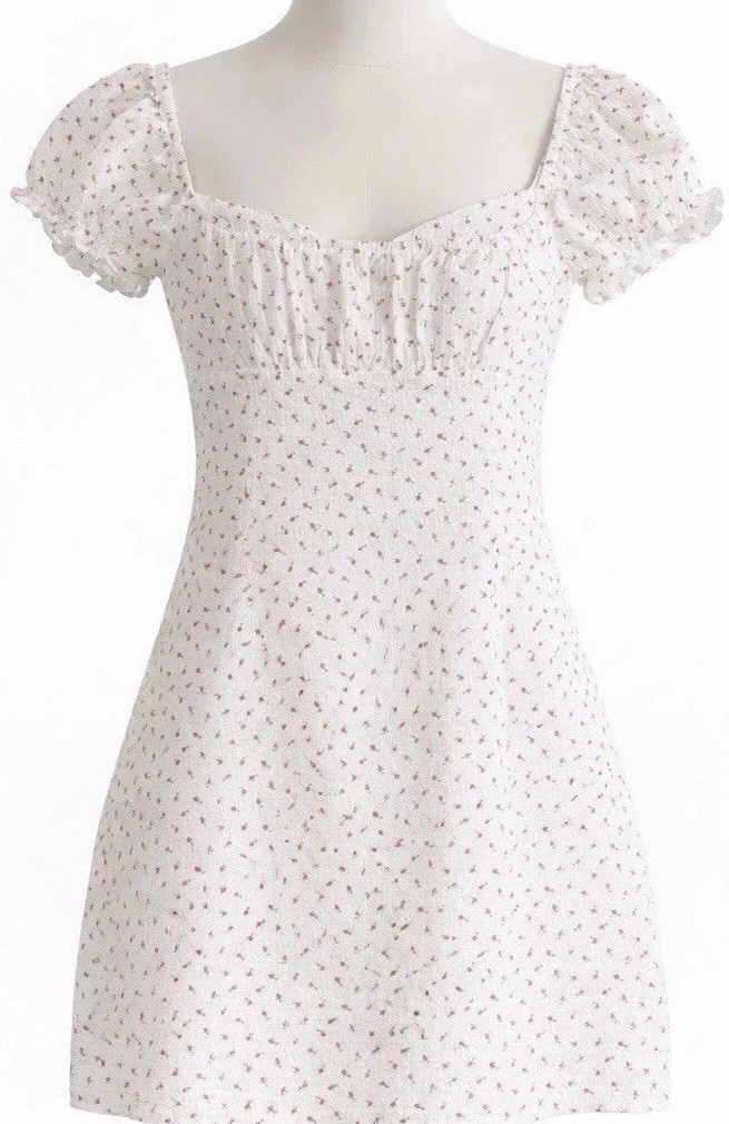 Milkmaid Mini Dress Babydoll Puff Sleeve Off The Shoulder S White Floral Gauzy