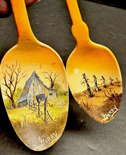PAIR of Hand Painted & Signed Silverplate Spoons with Country scenes Vintage