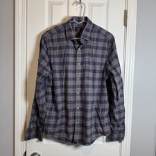 UNTUCKit Flannel Shirt Mens Large Dark Blue Beige Plaid Long Sleeve Button Up