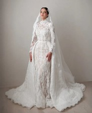 Long Sleeve Mermaid Mulsim Wedding Dresses with Detachable Train High Neck