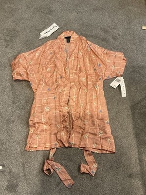 August Silk 100% Silk Jacquard Kimono Robe Peach Floral Medium New with Tags