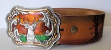 Vintage Western Tooled Belt Brown Leather Deer Embossed Buckle