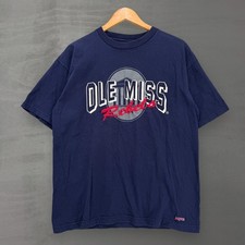 Vintage Ole Miss Rebels T Shirt Navy Blue Embroidered Graphic Made in USA Large