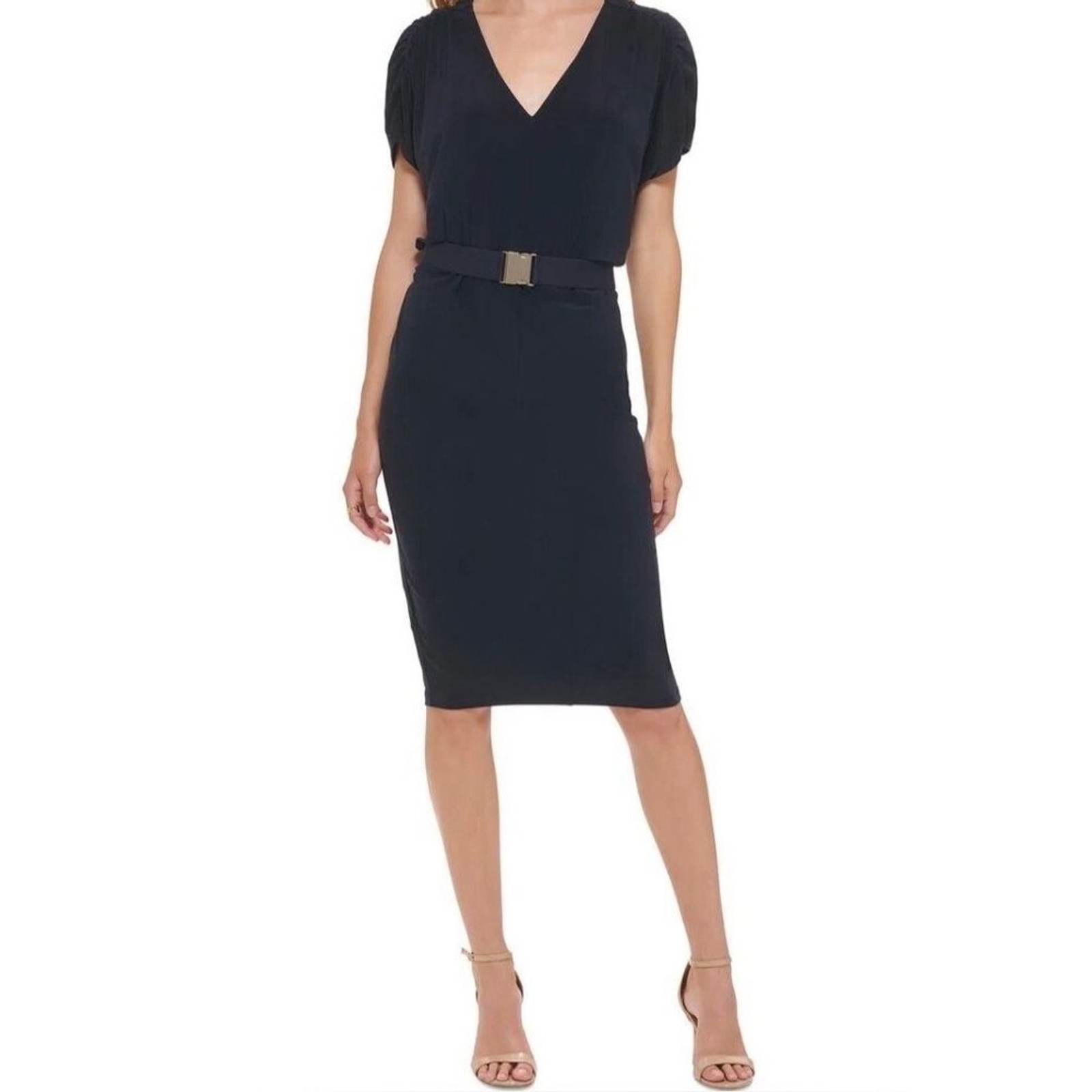 NWT Tommy Hilfiger Navy Blue Dress w/Ruched Shoulder and Seatbelt Style Belt 14