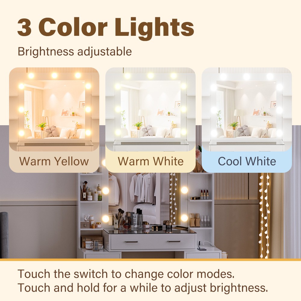 Makeup Vanity Desk with LED Mirror Lights, Vanity Table with Charging Station