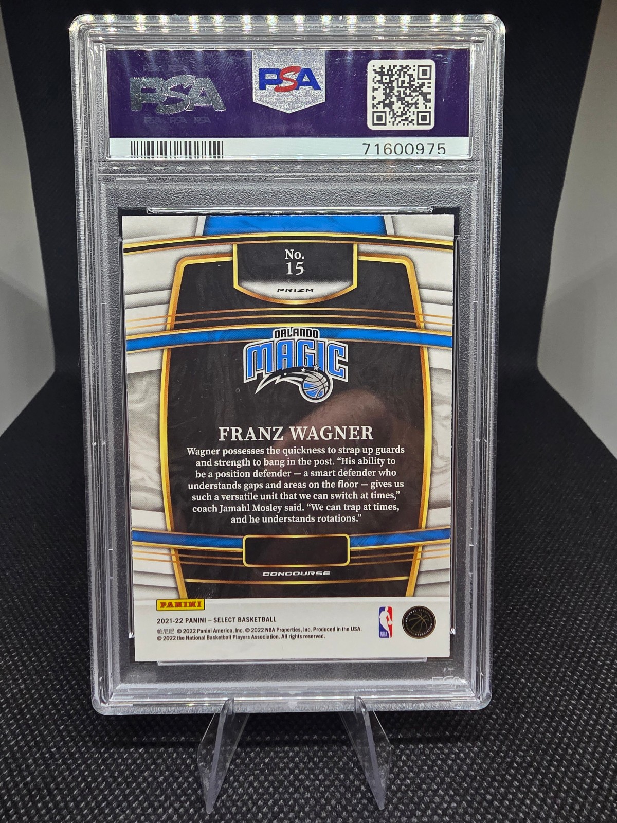 2021-22 Panini Select Franz Wagner Blue Shimmer Prizm RC #15 PSA 10 view 2
