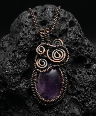 Handcrafted Amethyst Wire Wrapped Pendant   Artistic Copper Statement Necklace