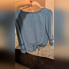 I.N. Studio petite blue/gray embroidered sleeve blouse with front tie si…