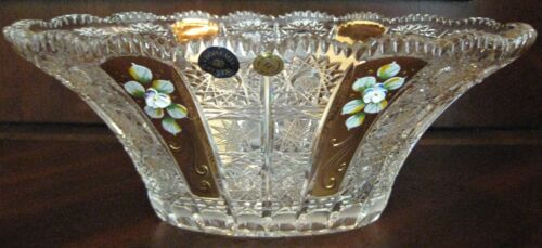 Böhmische tschechische Kristall handgeschnitten 10" ovale Schüssel mit Goldgemälde Königin-Spitze - Bild 1 von 5