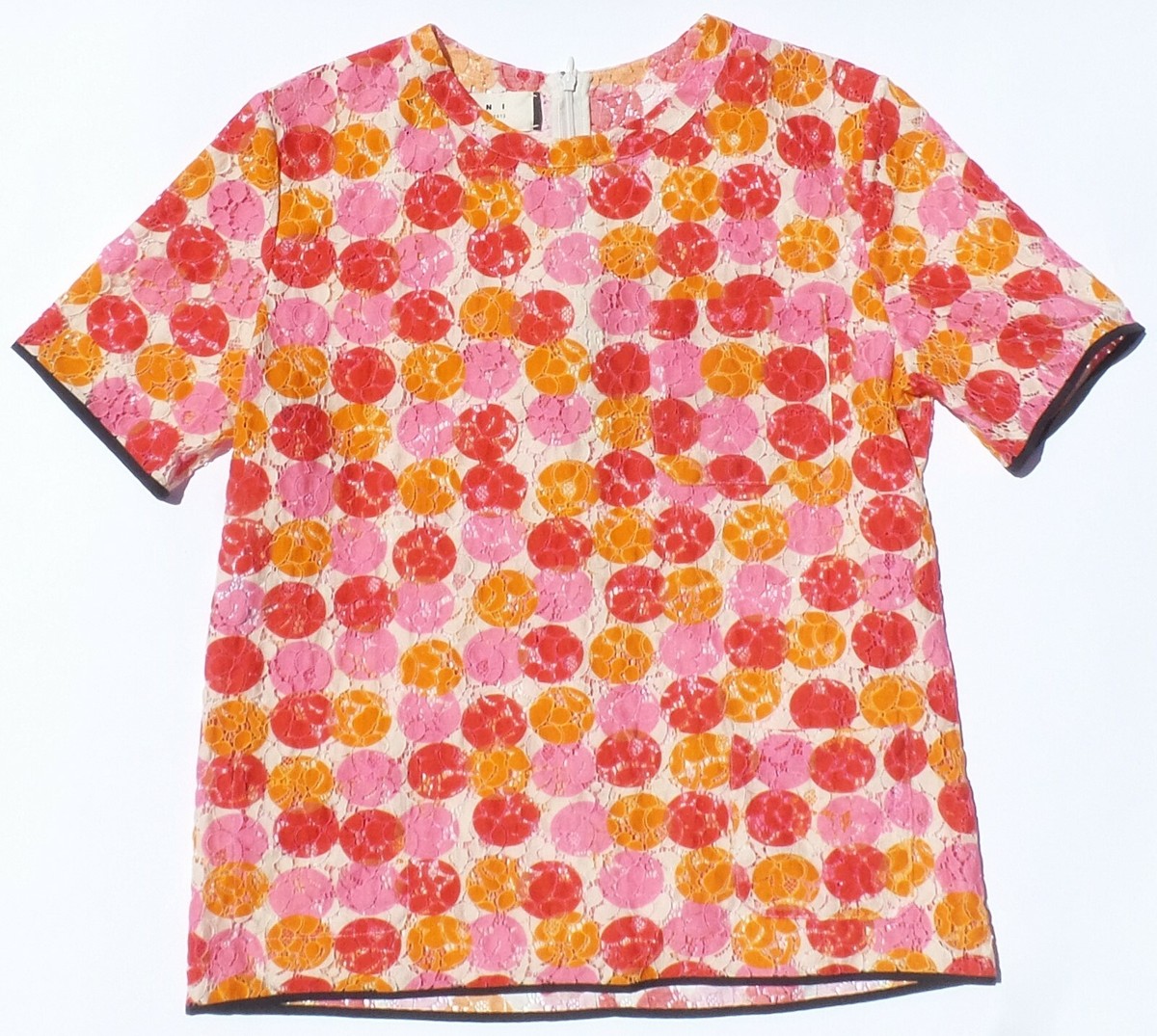 MARNI SS12 Pink Orange Ivory Floral Lace Black Trim Short Sleeve
