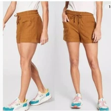 Athleta Cabo Linen Textured 4" Shorts with Pockets in Tan/Rust/Cinnamon - 24