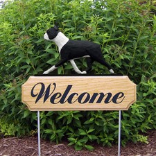 Boston Terrier Wood Welcome Outdoor Sign Black
