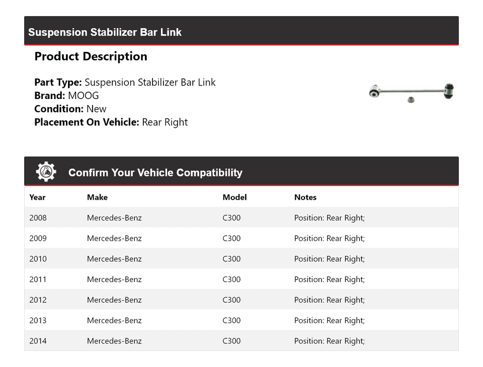 Barra estabilizadora de suspensión trasera derecha MOOG para Mercedes-Benz C300 2008-2014 Foto 2 de 4