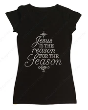 Women's Rhinestone T-Shirt " Jesus is the Reason for the Season " Christmas Tree
