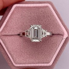 4 ct Emerald Cut Diamond Engagement Ring 14k White Gold Finish Trilogy Solitaire