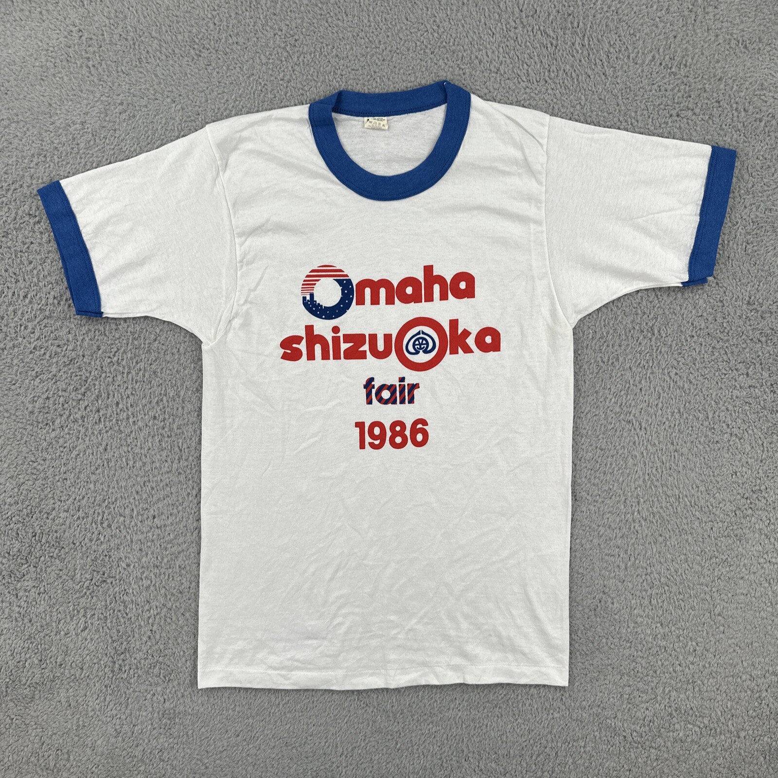 Vtg Screen Stars USA Made M White Ringer Tee Single Stitch Omaha Shizuoka 1989