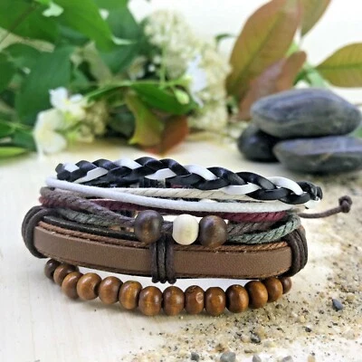 Ensemble 4 Bracelets Naturel Homme Femme Cuir tressé - Perles et Bois - Corde - Photo 1/4