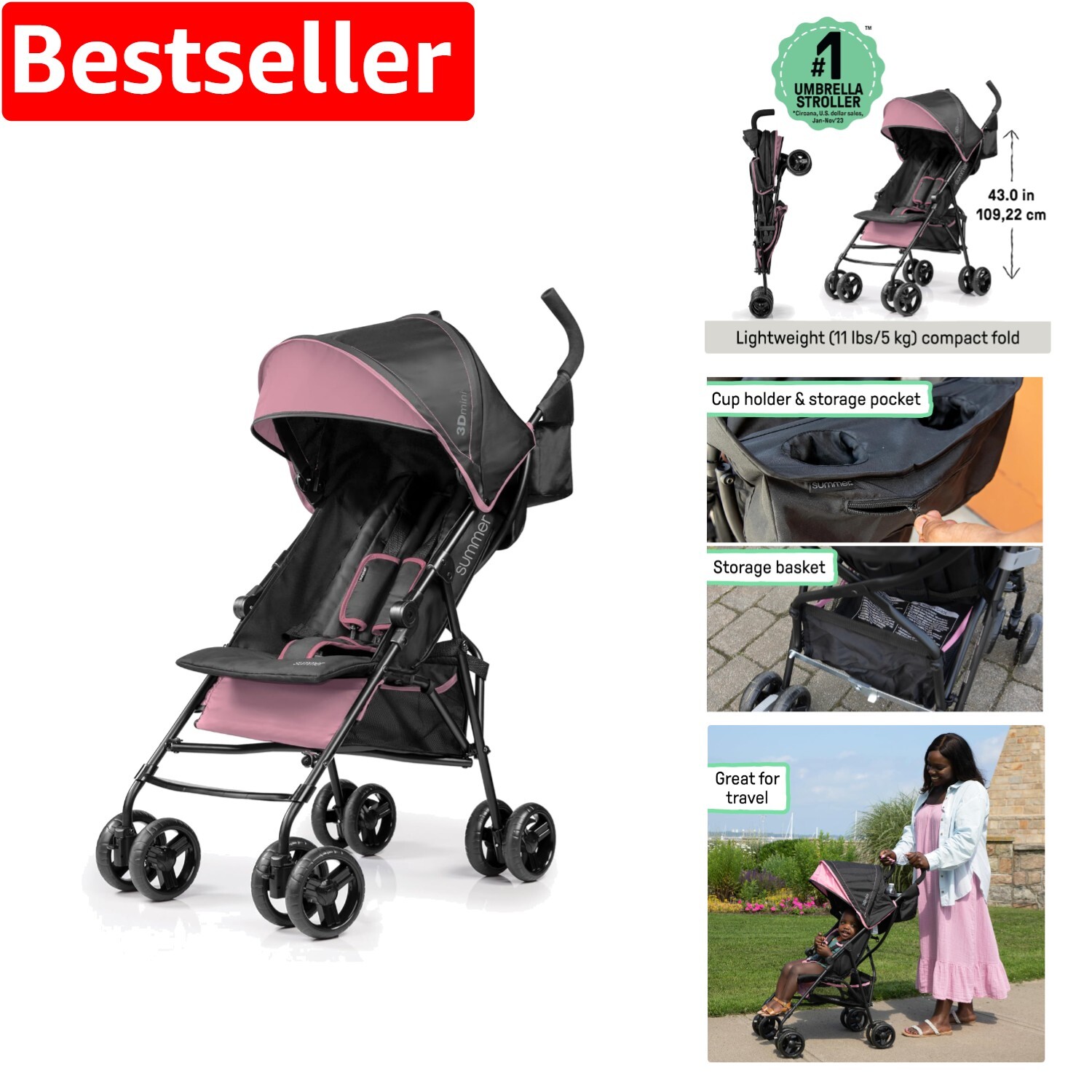 Pink Summer 3D Mini Stroller with Adjustable Canopy and Multi-Position Recline
