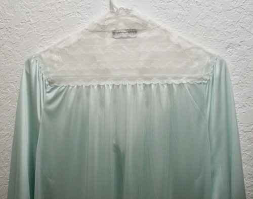 Vintage MISS ELAINE Robe Long Lace 1980s Seafoam Green Slinky Nylon Lingerie S - Picture 7 of 9