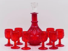 L E Smith -  Ruby Red Moon and Stars DECANTER and 8 WINE CORDIAL GLASSES
