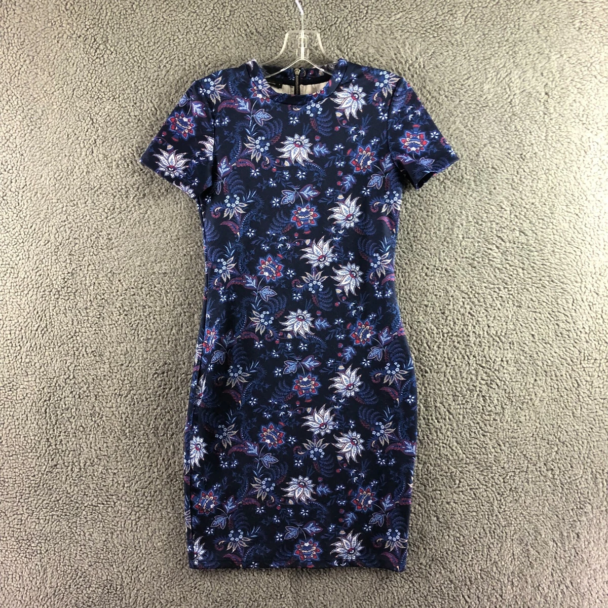 Womens Oodji Ultra Size Small Blue Mix Floral Short Sleeve Mini Bodycon  Dress