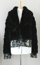 Blancha Black Rex Rabbit Fur Jacket Flower Embroidered Denim Trim It46 Uk14 Us10