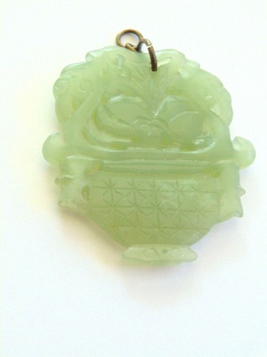 Vtg Chinese Carved Jade Stone Pendant Flower Basket 2" Green Celadon Jadeite - Picture 4 of 5