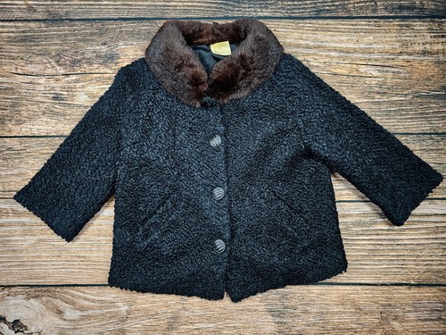 VTG 60s Styled By Winter Women L Black Wool Boucle 3/4 Slv Crop Jacket Brown Fur - Picture 4 of 11