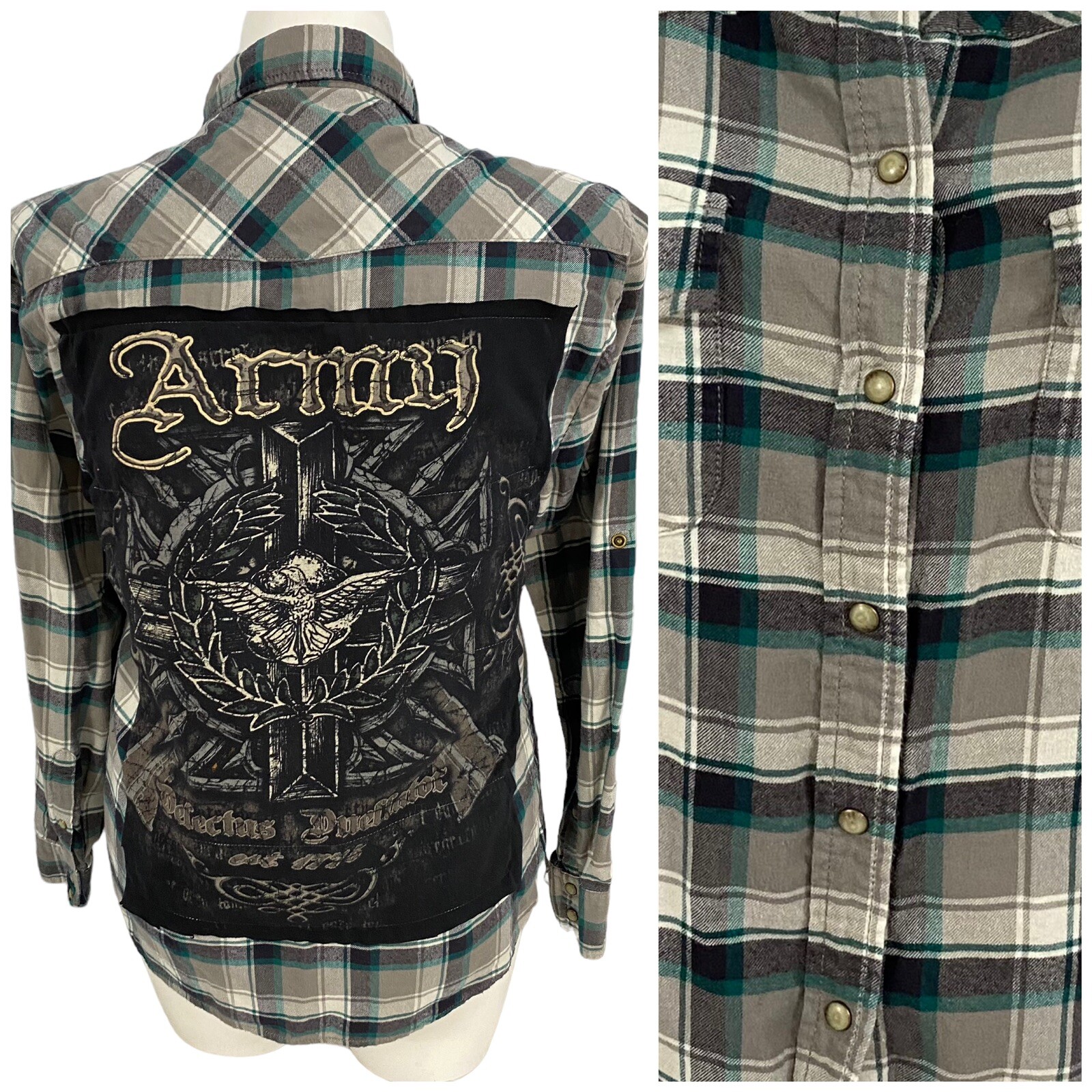 Upcycled Women’s XL Army Plaid Flannel Shirt for Country Rock Grunge Style and Campfire Adventures Military-Inspired Design-image