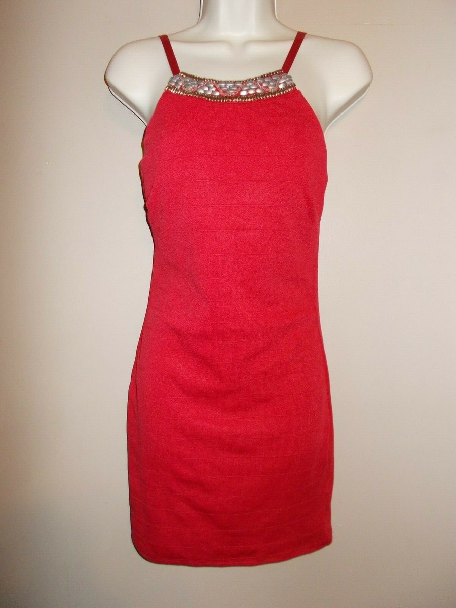Womens High Embellished Neck Adjustable Straps Red Bodycon Dress with Bra  Pads | eBay