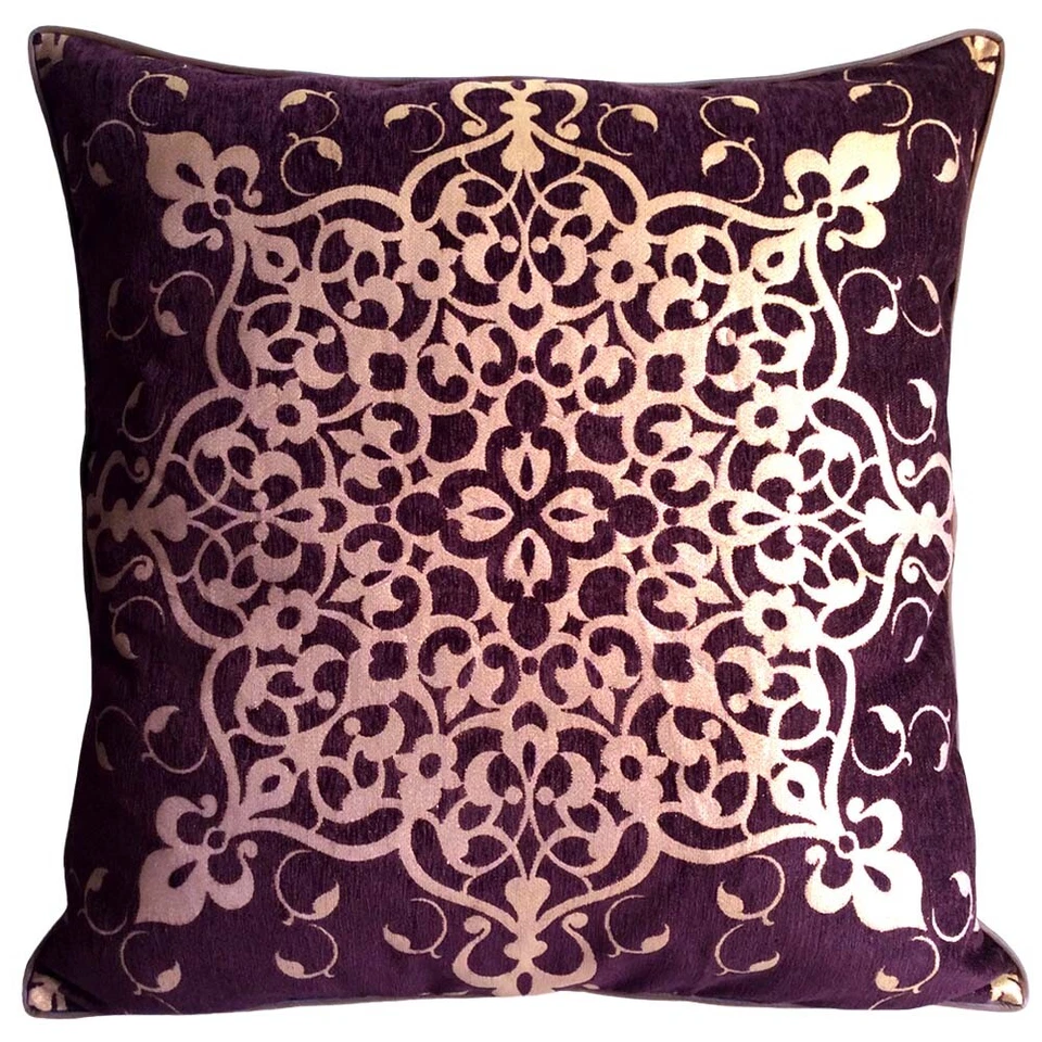 3 pcs Satin/Chennille Floral Damask Pattern Purple Pillow Case/Cushion Cover Set - Image 2 of 4