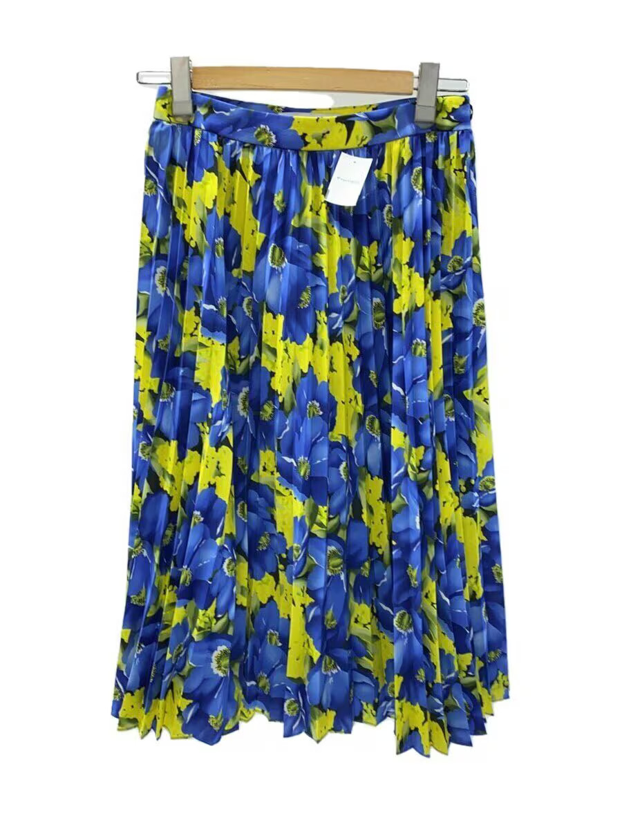 BALENCIAGA Flower Print Pleated Skirt, Size 36, Polyester, Blue, Floral Print, 4